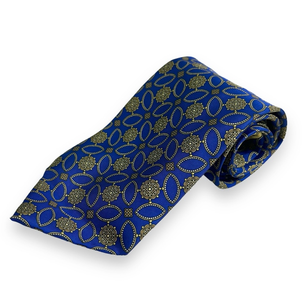 VALENTINO 100% Silk Cravatte Blue & Gold Medallion Print